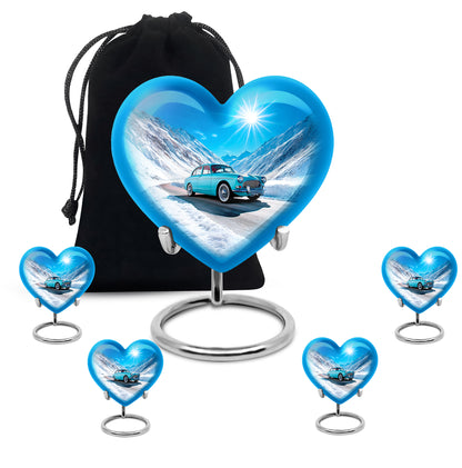 Pastel Blue Car Cremation Urn close-up of engraving and surface detail - heart-shaped car design symbolizing eternal love - memorial set with one large and four small urns