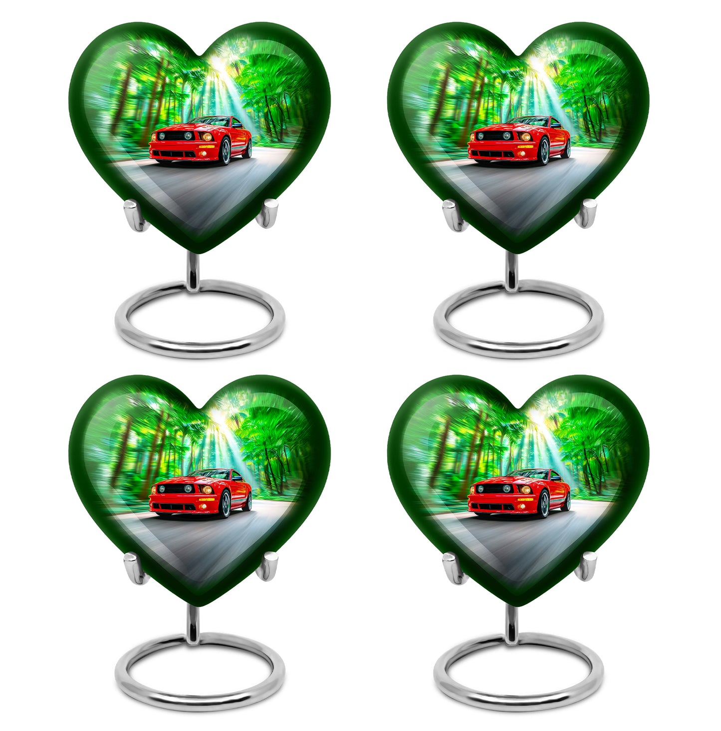 Olive Green Car Cremation Urn angled view of lid and engraved motif - romantic heart urn with car motif on aluminum - 10 inch aluminum urn for cremated remains