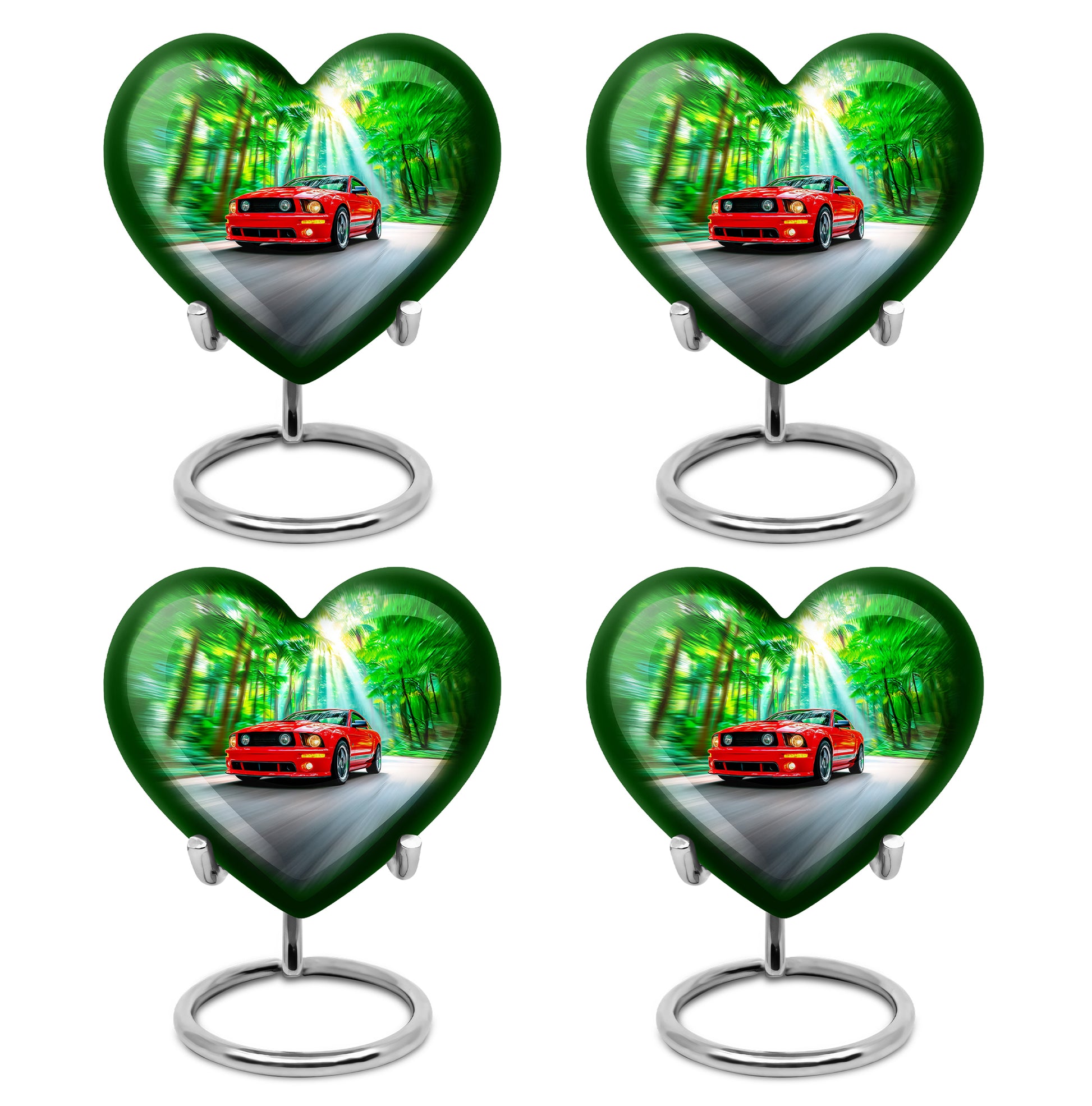 Olive Green Car Cremation Urn angled view of lid and engraved motif - romantic heart urn with car motif on aluminum - 10 inch aluminum urn for cremated remains