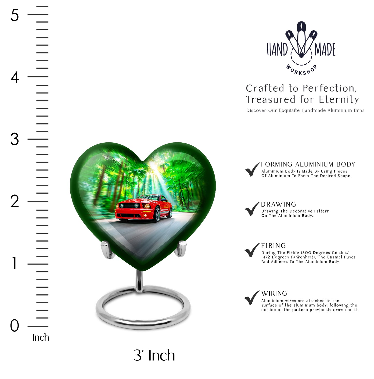 Forest Green Car Cremation Urn front view showing detailed design - romantic heart urn with car motif on aluminum - mini keepsake memorial for portion of cremation ashes