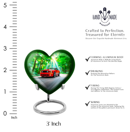 Forest Green Car Cremation Urn front view showing detailed design - romantic heart urn with car motif on aluminum - mini keepsake memorial for portion of cremation ashes