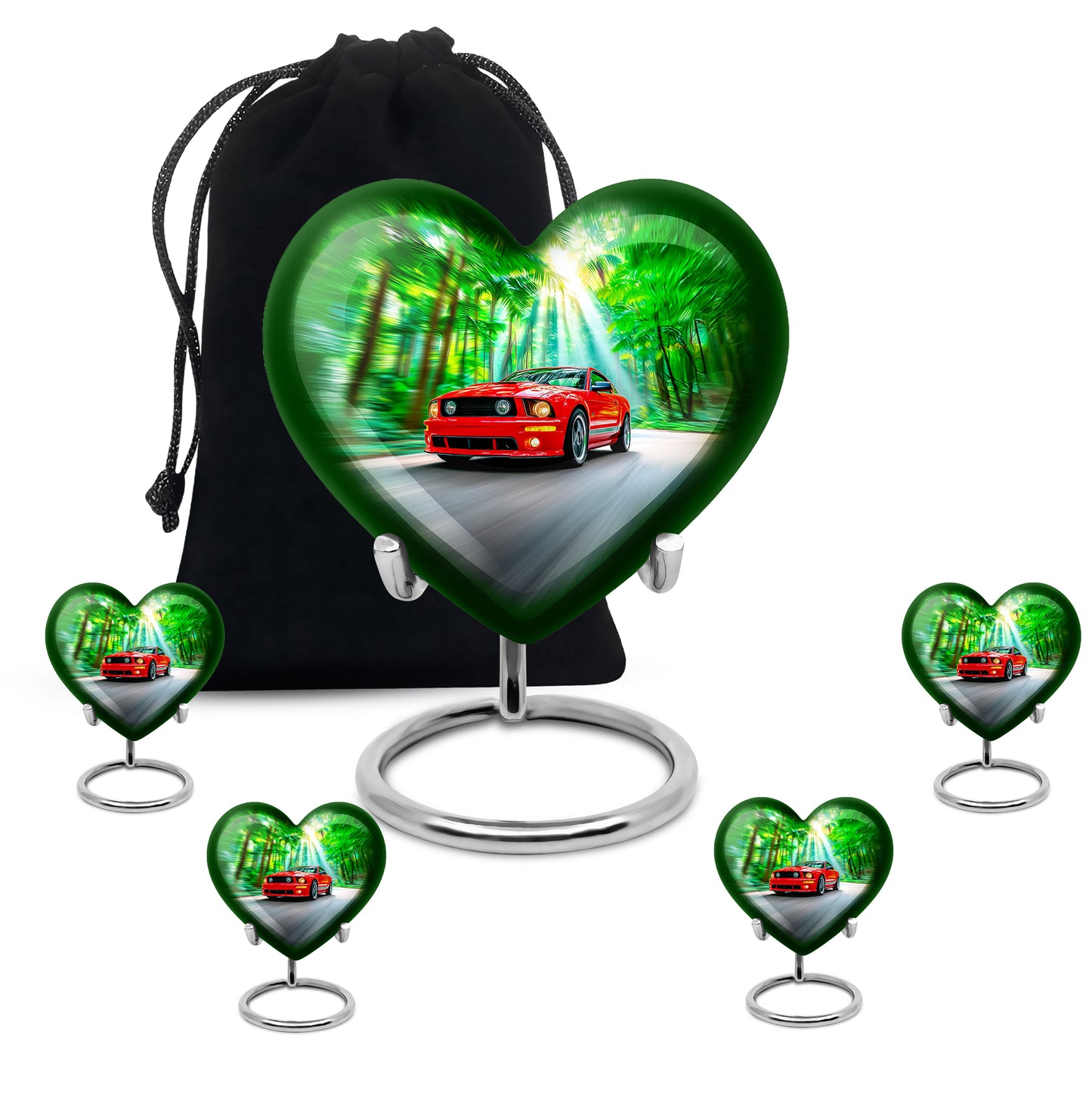 Mint Green Car Cremation Urn close-up of engraving and surface detail - compassionate heart-car combination with gentle curves - memorial set with one large and four small urns