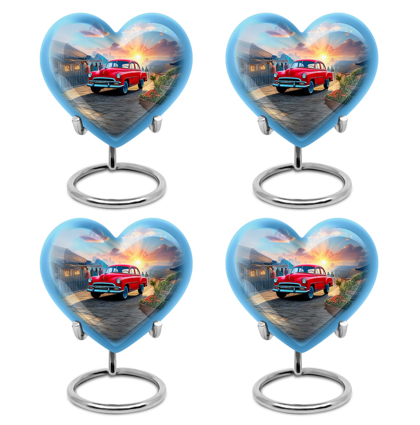 Dusty Blue Car Cremation Urn angled view of lid and engraved motif - loving heart memorial featuring car pattern - 10 inch aluminum urn for cremated remains