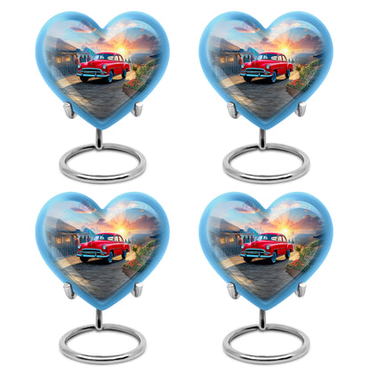 Dusty Blue Car Cremation Urn angled view of lid and engraved motif - loving heart memorial featuring car pattern - 10 inch aluminum urn for cremated remains