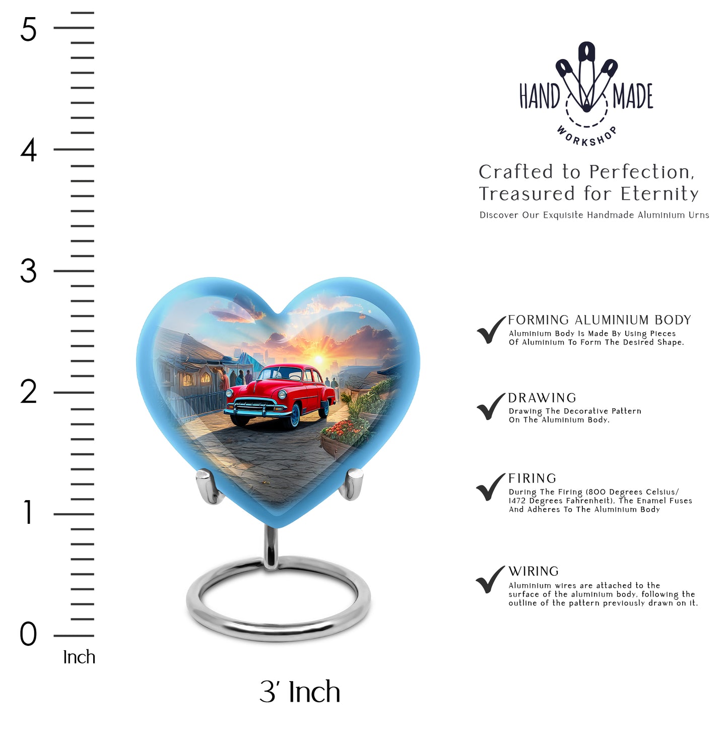 Misty Blue Car Cremation Urn front view showing detailed design - heart-shaped car design symbolizing eternal love - mini keepsake memorial for portion of cremation ashes