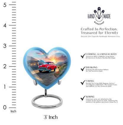Misty Blue Car Cremation Urn front view showing detailed design - heart-shaped car design symbolizing eternal love - mini keepsake memorial for portion of cremation ashes