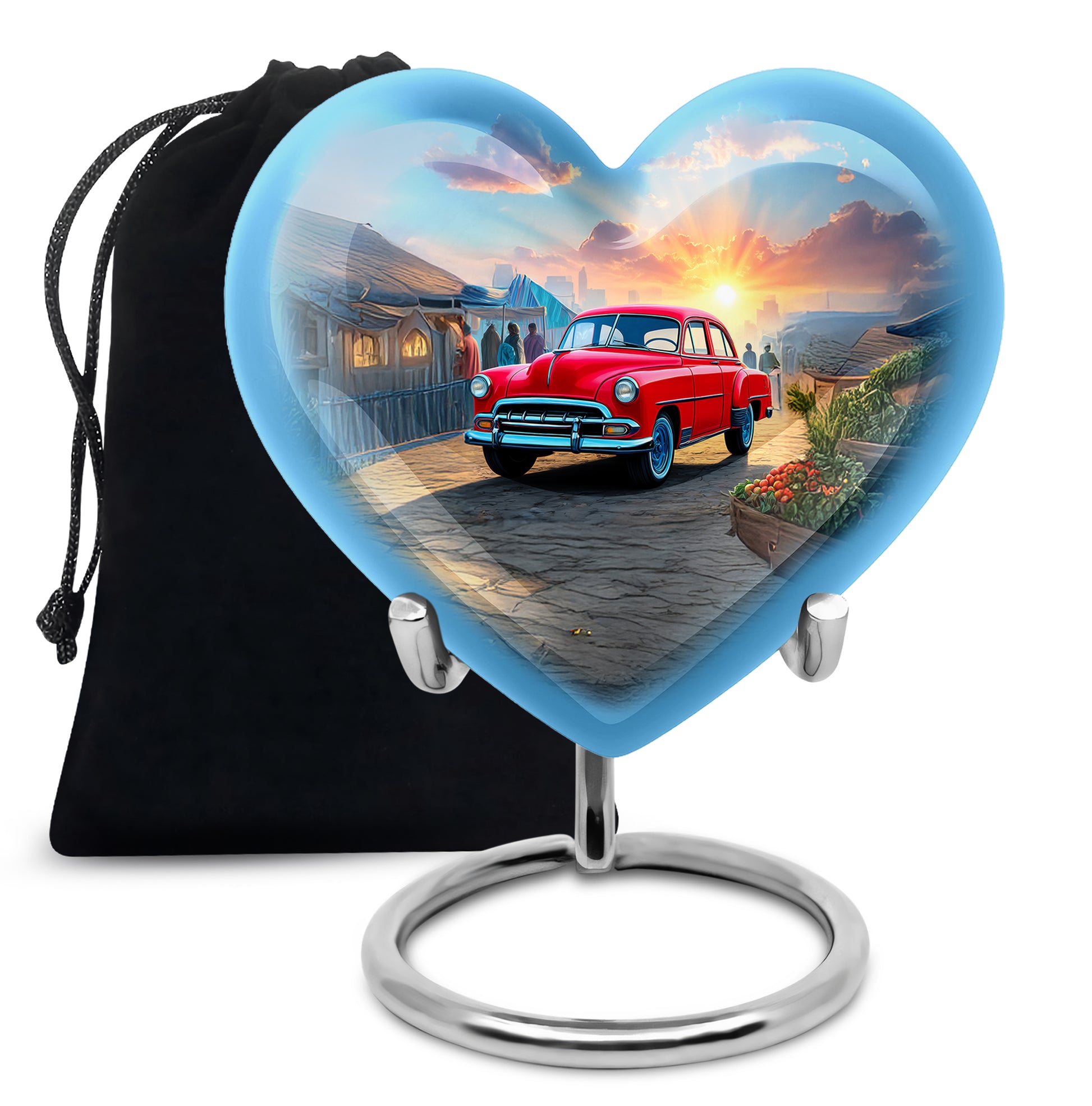Cornflower Blue Car Cremation Urn detail view - compassionate heart-car combination with gentle curves - full-size 10 inch 200 cubic inch adult cremation urn