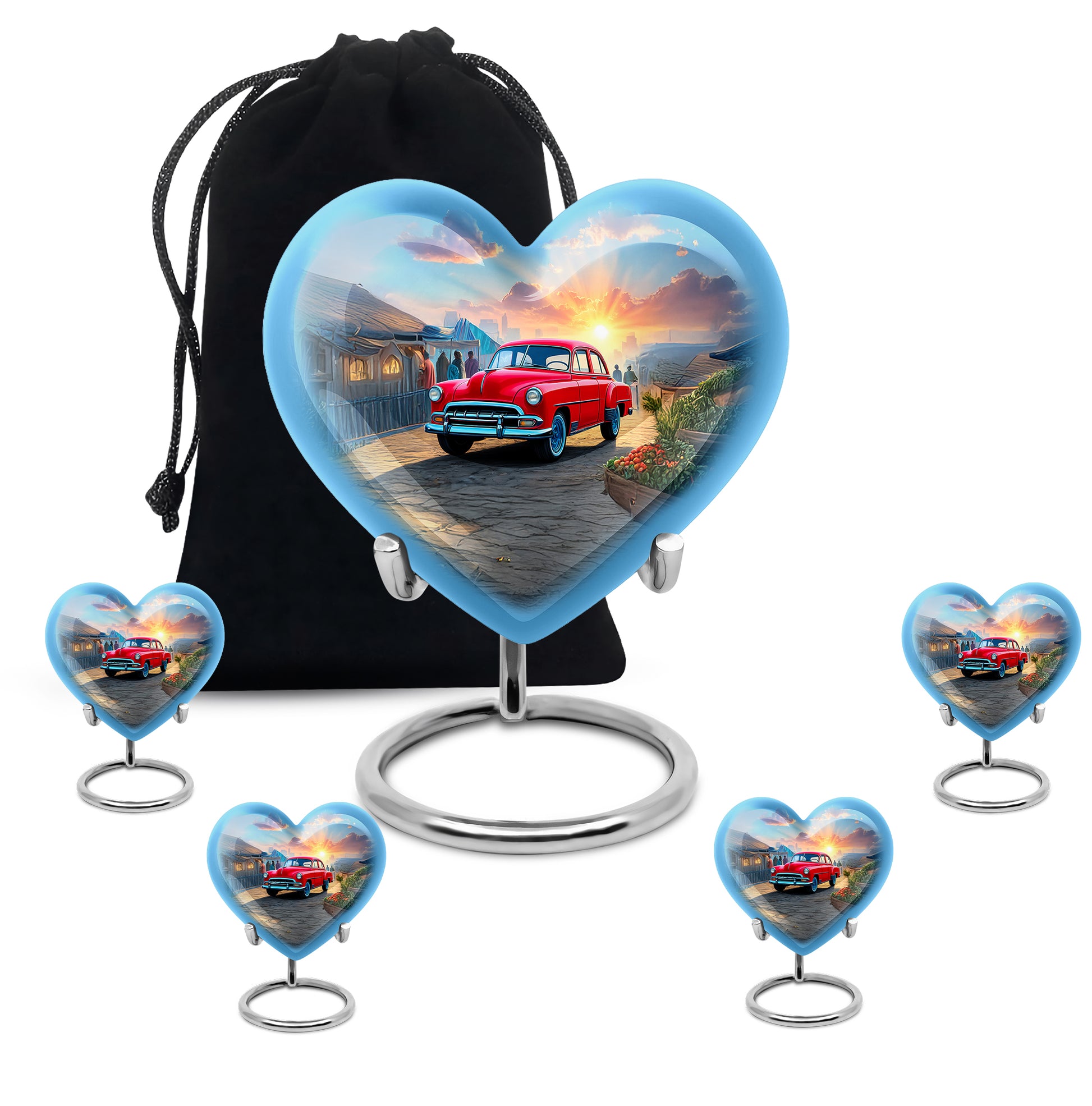 Vivid Blue Car Cremation Urn close-up of engraving and surface detail - compassionate heart-car combination with gentle curves - memorial set with one large and four small urns
