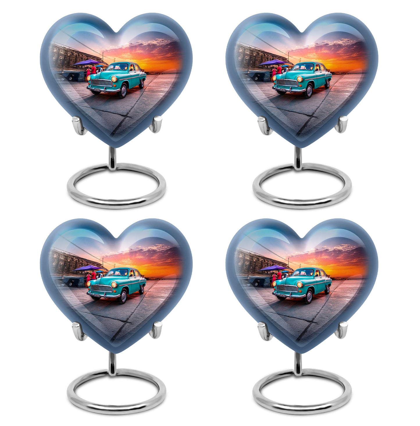 Azure Car Cremation Urn angled view of lid and engraved motif - heart-shaped car design symbolizing eternal love - 10 inch aluminum urn for cremated remains