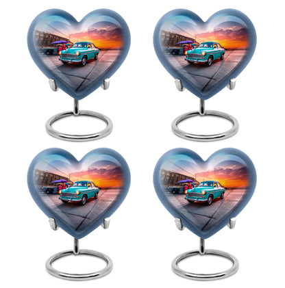 Azure Car Cremation Urn angled view of lid and engraved motif - heart-shaped car design symbolizing eternal love - 10 inch aluminum urn for cremated remains