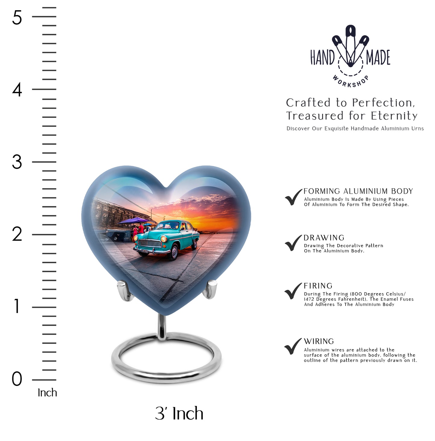 Powder Blue Car Cremation Urn front view showing detailed design - heart-shaped car design symbolizing eternal love - mini keepsake memorial for portion of cremation ashes
