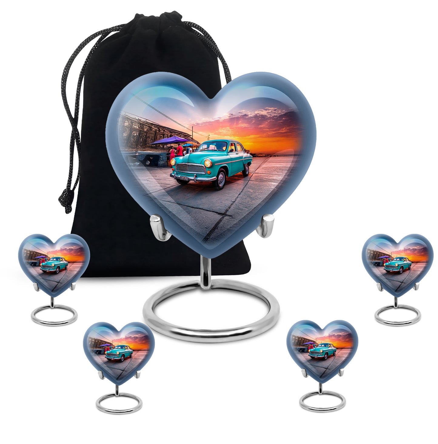 Powder Blue Car Cremation Urn close-up of engraving and surface detail - loving heart memorial featuring car pattern - memorial set with one large and four small urns
