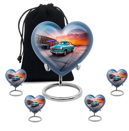 Powder Blue Car Cremation Urn close-up of engraving and surface detail - loving heart memorial featuring car pattern - memorial set with one large and four small urns