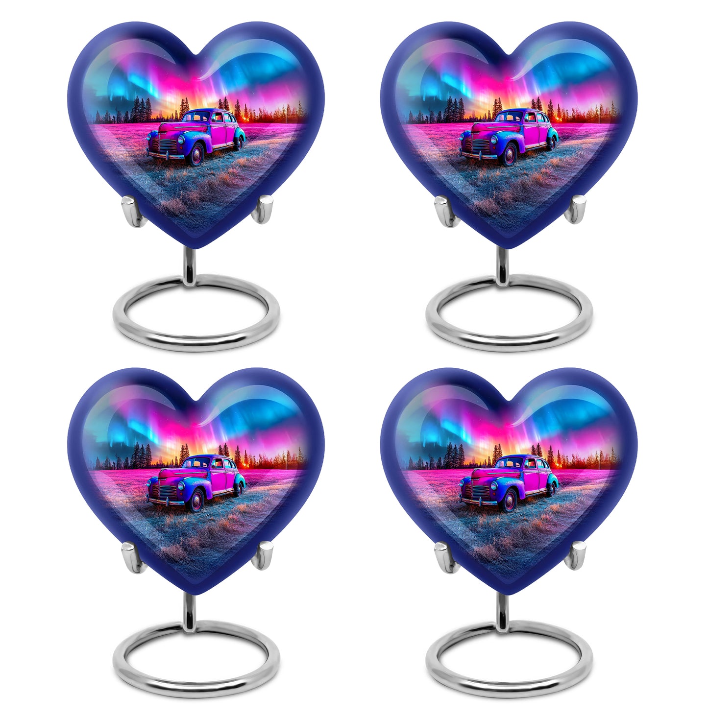Dusty Blue Car Cremation Urn angled view of lid and engraved motif - heart-shaped car design symbolizing eternal love - 10 inch aluminum urn for cremated remains