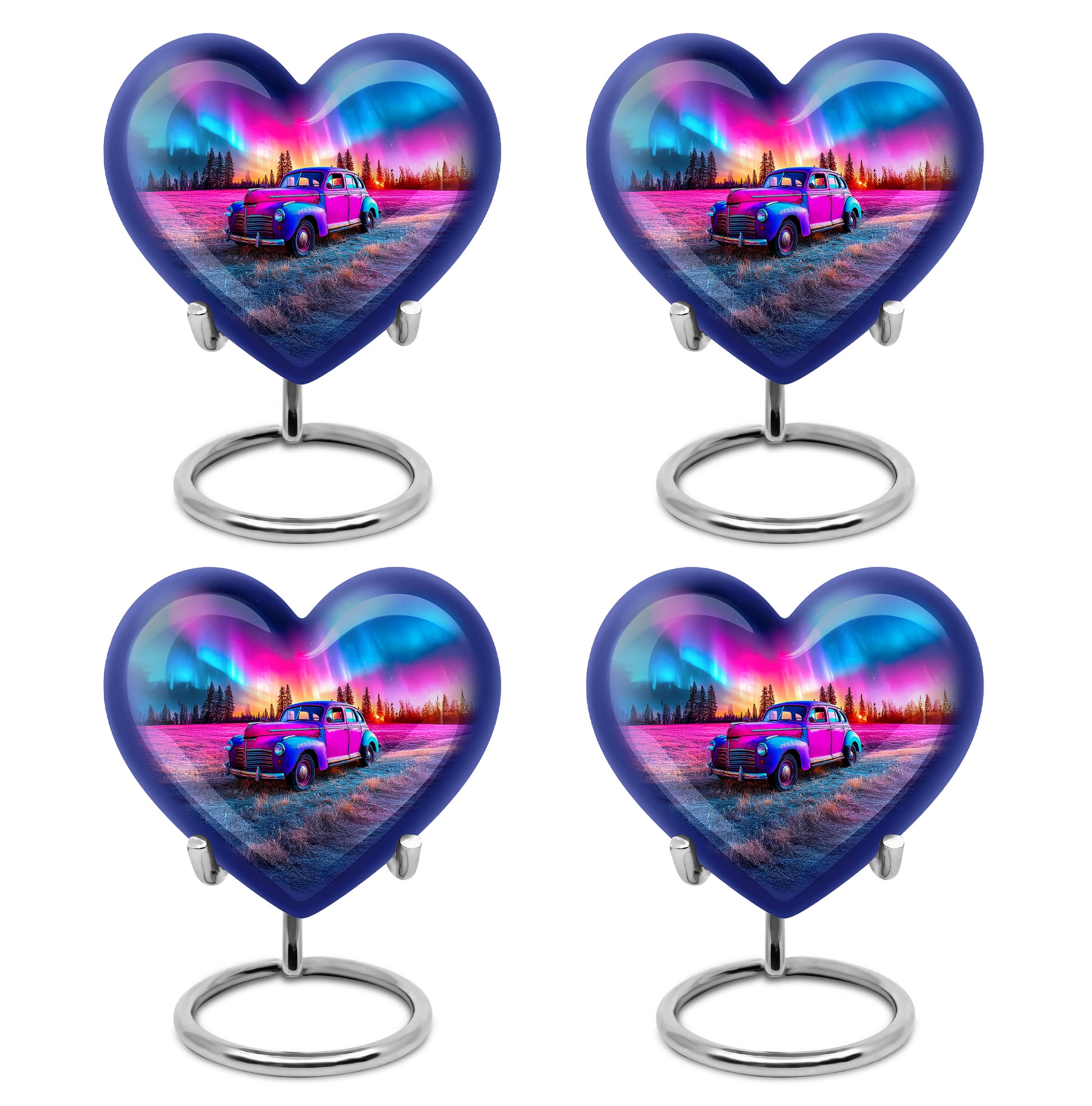 Dusty Blue Car Cremation Urn angled view of lid and engraved motif - heart-shaped car design symbolizing eternal love - 10 inch aluminum urn for cremated remains