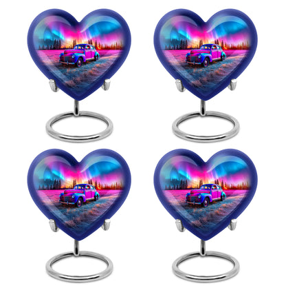 Dusty Blue Car Cremation Urn angled view of lid and engraved motif - heart-shaped car design symbolizing eternal love - 10 inch aluminum urn for cremated remains