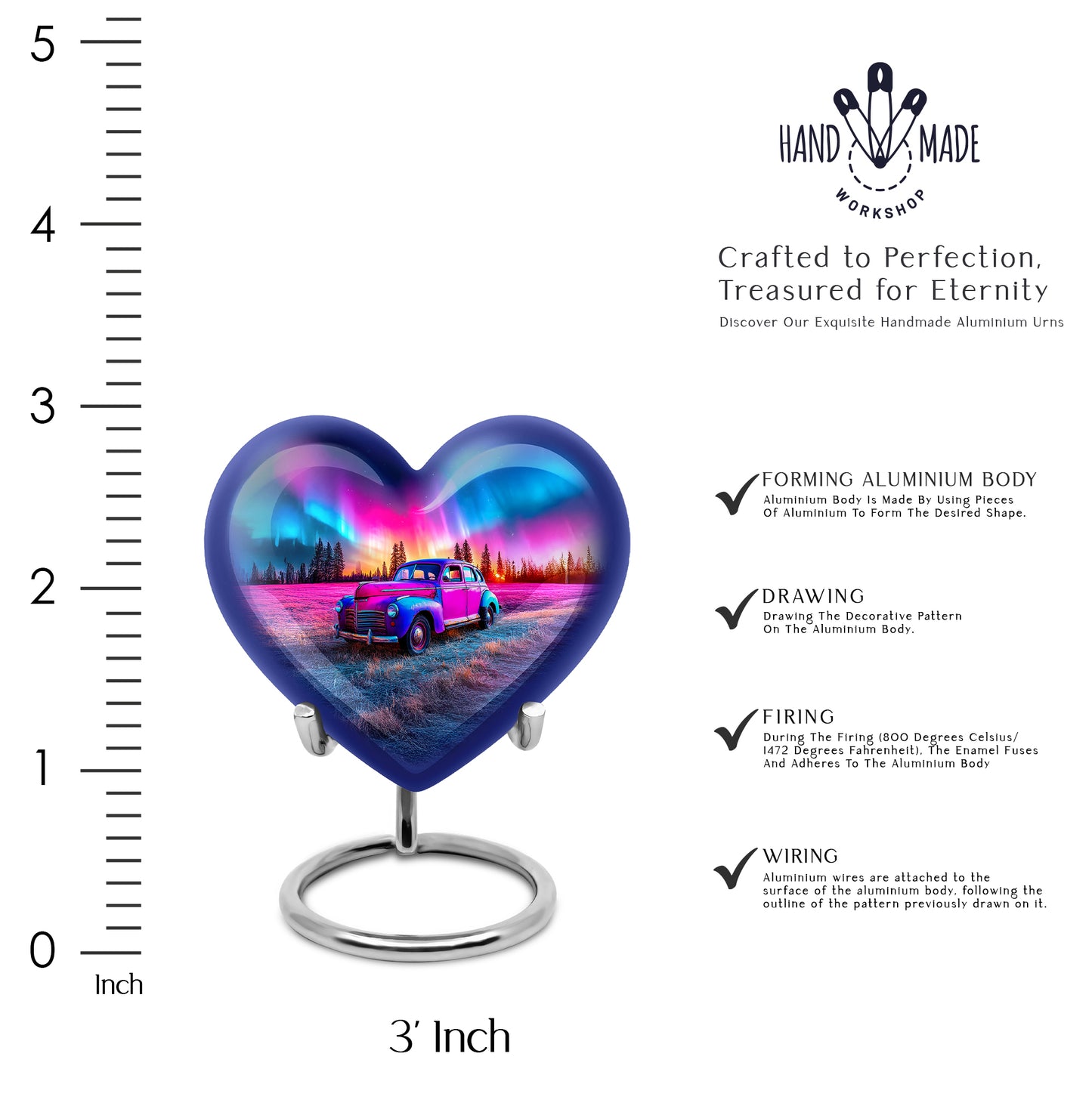 Indigo Car Cremation Urn front view showing detailed design - heart-shaped car design symbolizing eternal love - mini keepsake memorial for portion of cremation ashes