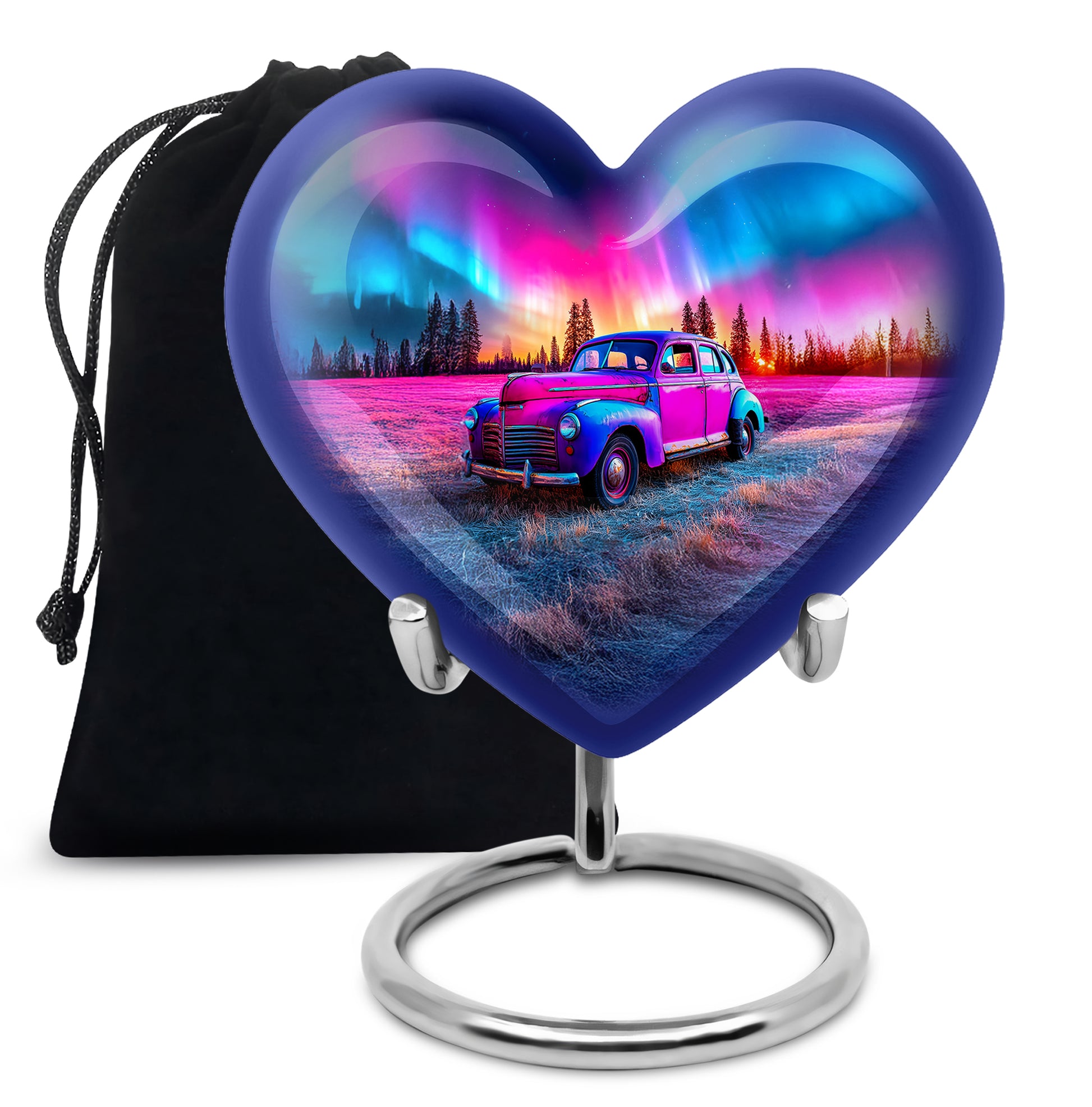 Serene Blue Car Cremation Urn detail view - compassionate heart-car combination with gentle curves - full-size 10 inch 200 cubic inch adult cremation urn