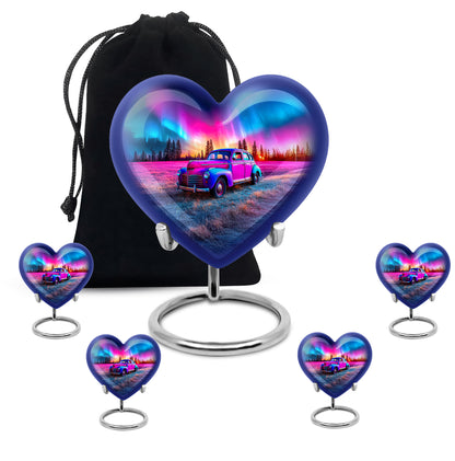 Indigo Car Cremation Urn close-up of engraving and surface detail - loving heart memorial featuring car pattern - memorial set with one large and four small urns