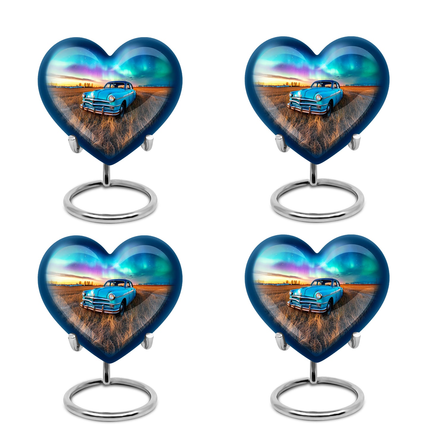 Icy Blue Car Cremation Urn angled view of lid and engraved motif - heart-shaped car design symbolizing eternal love - 10 inch aluminum urn for cremated remains