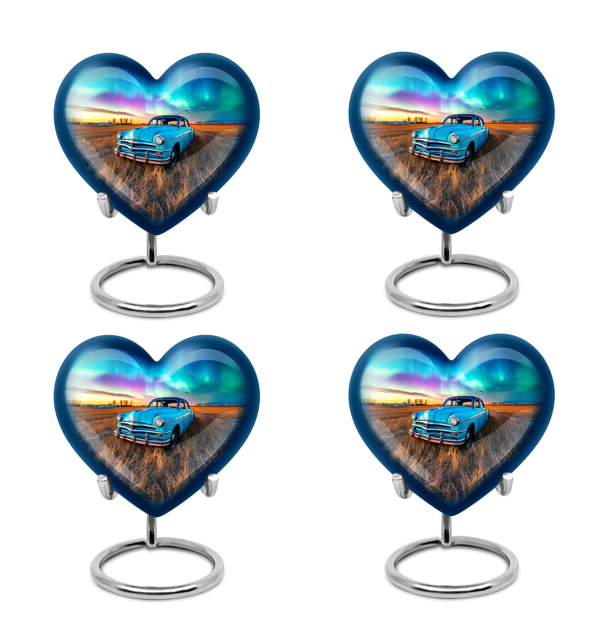Icy Blue Car Cremation Urn angled view of lid and engraved motif - heart-shaped car design symbolizing eternal love - 10 inch aluminum urn for cremated remains