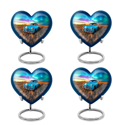 Icy Blue Car Cremation Urn angled view of lid and engraved motif - heart-shaped car design symbolizing eternal love - 10 inch aluminum urn for cremated remains