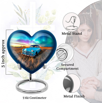 Sky Blue Car Cremation Urn front view showing detailed design - heart-shaped car design symbolizing eternal love - mini keepsake memorial for portion of cremation ashes