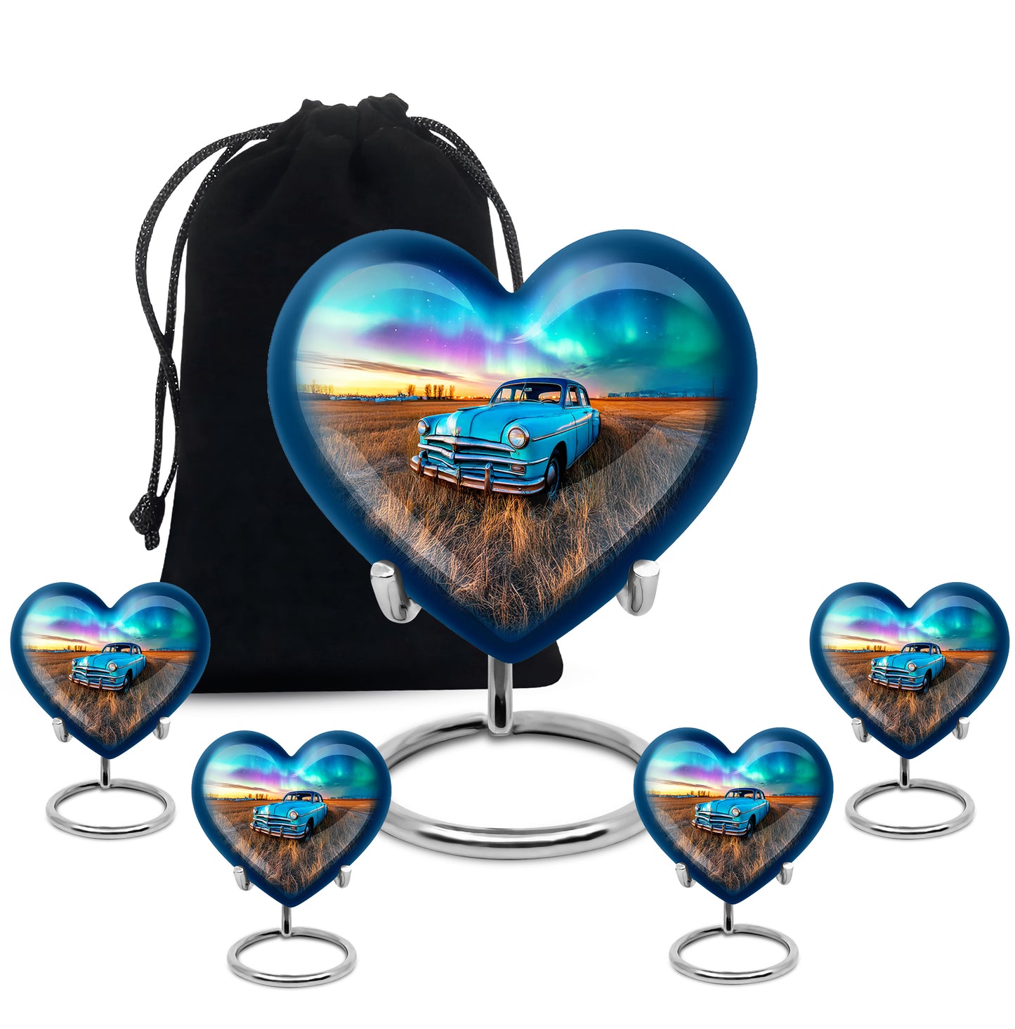 Bright Blue Car Cremation Urn close-up of engraving and surface detail - compassionate heart-car combination with gentle curves - memorial set with one large and four small urns