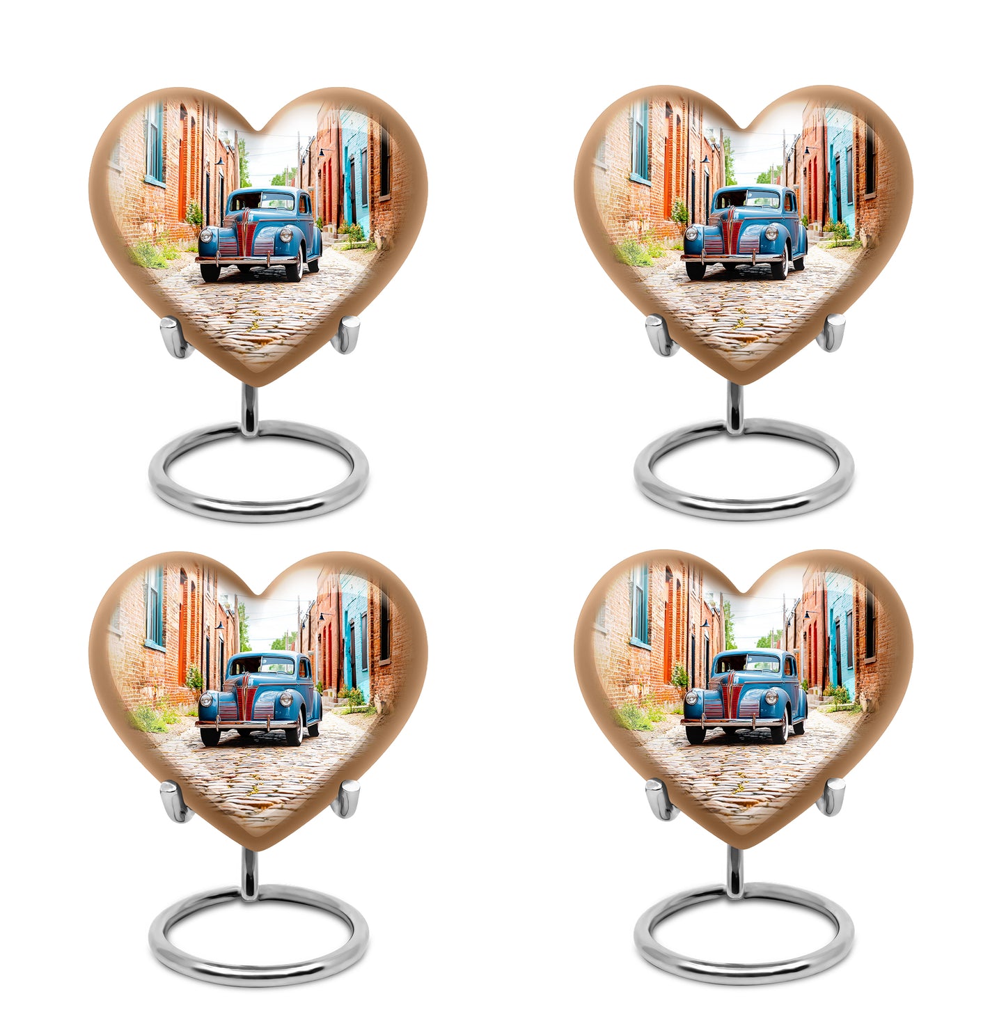 Antique Silver Car Cremation Urn angled view of lid and engraved motif - compassionate heart-car combination with gentle curves - 10 inch aluminum urn for cremated remains