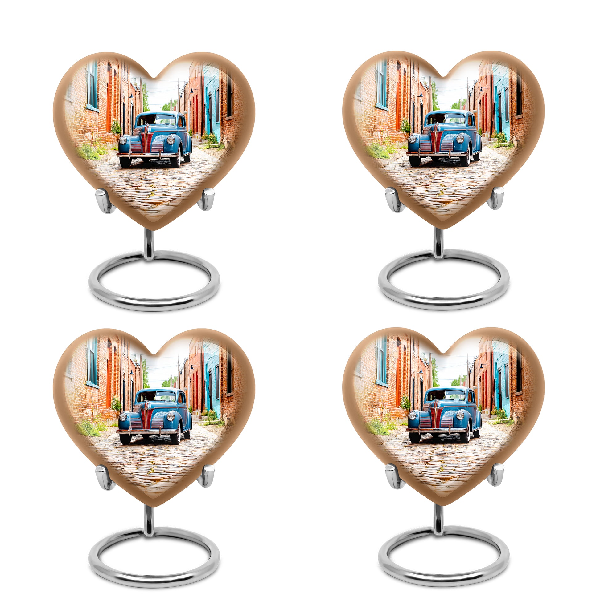 Antique Silver Car Cremation Urn angled view of lid and engraved motif - compassionate heart-car combination with gentle curves - 10 inch aluminum urn for cremated remains