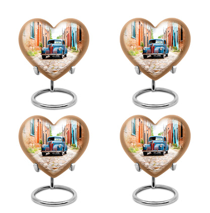 Antique Silver Car Cremation Urn angled view of lid and engraved motif - compassionate heart-car combination with gentle curves - 10 inch aluminum urn for cremated remains
