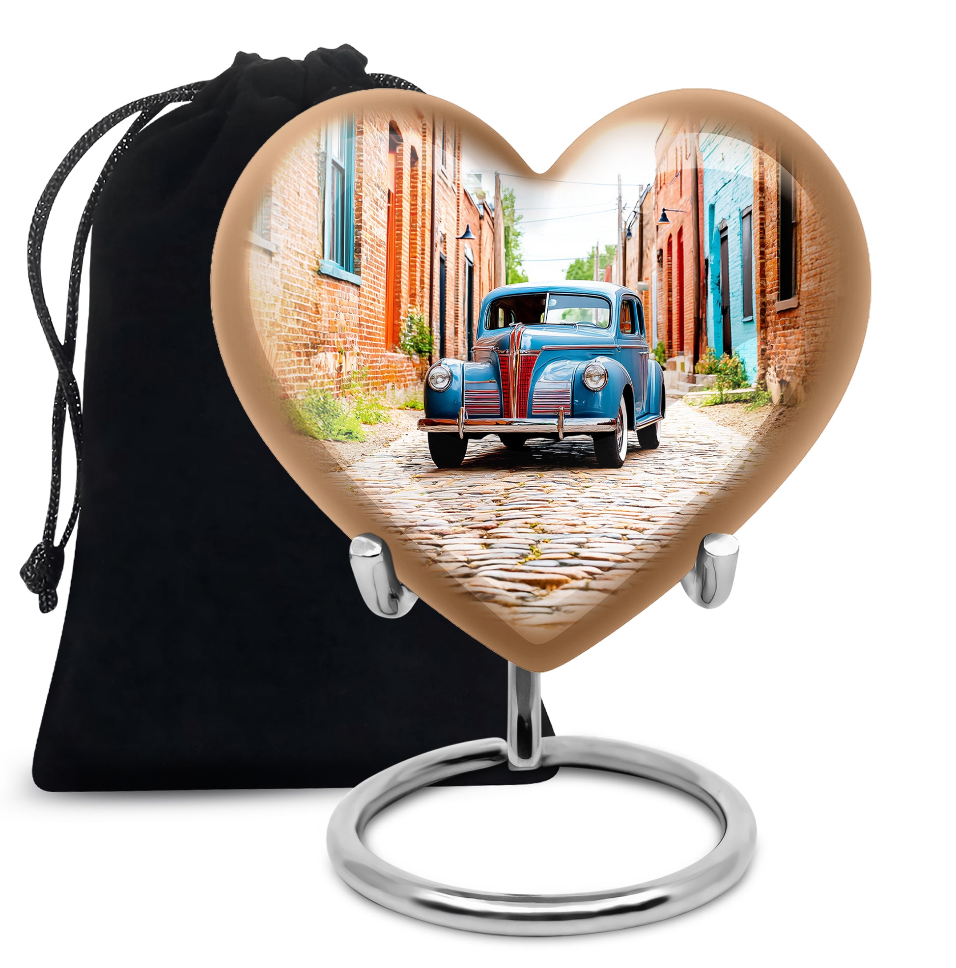 Brushed Silver Car Cremation Urn detail view - heart-shaped car design symbolizing eternal love - full-size 10 inch 200 cubic inch adult cremation urn