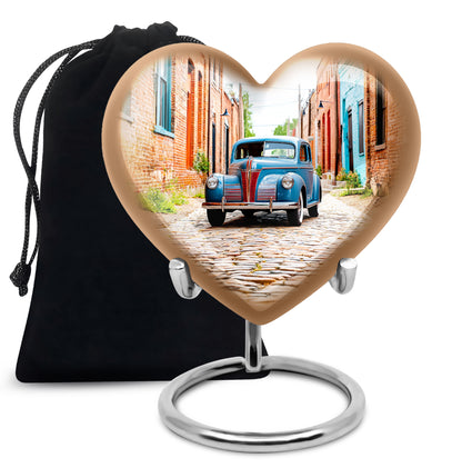 Brushed Silver Car Cremation Urn detail view - heart-shaped car design symbolizing eternal love - full-size 10 inch 200 cubic inch adult cremation urn