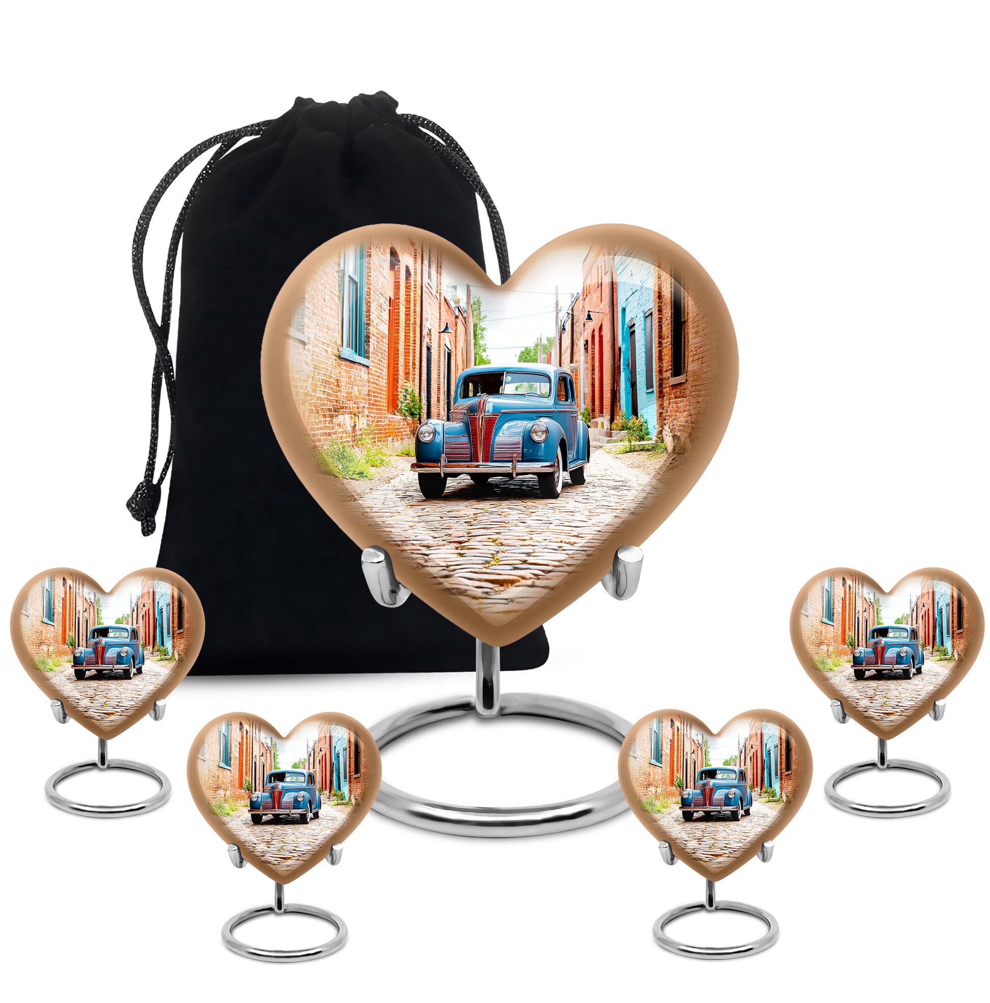 Chrome Silver Car Cremation Urn close-up of engraving and surface detail - romantic heart urn with car motif on aluminum - memorial set with one large and four small urns