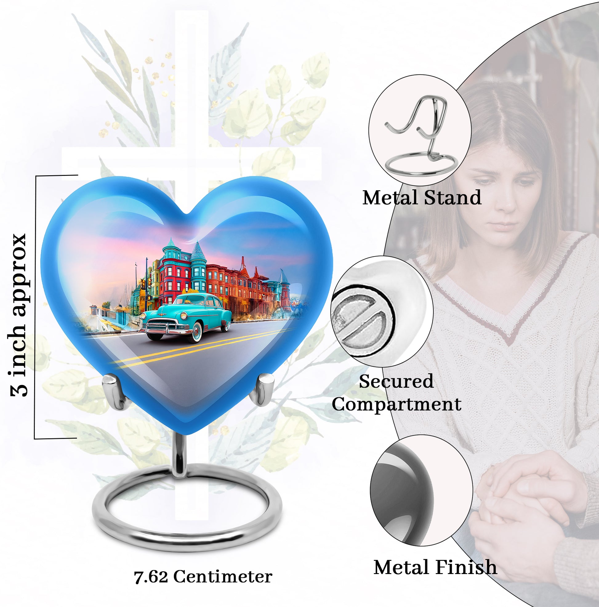 Vivid Blue Car Cremation Urn front view showing detailed design - compassionate heart-car combination with gentle curves - mini keepsake memorial for portion of cremation ashes