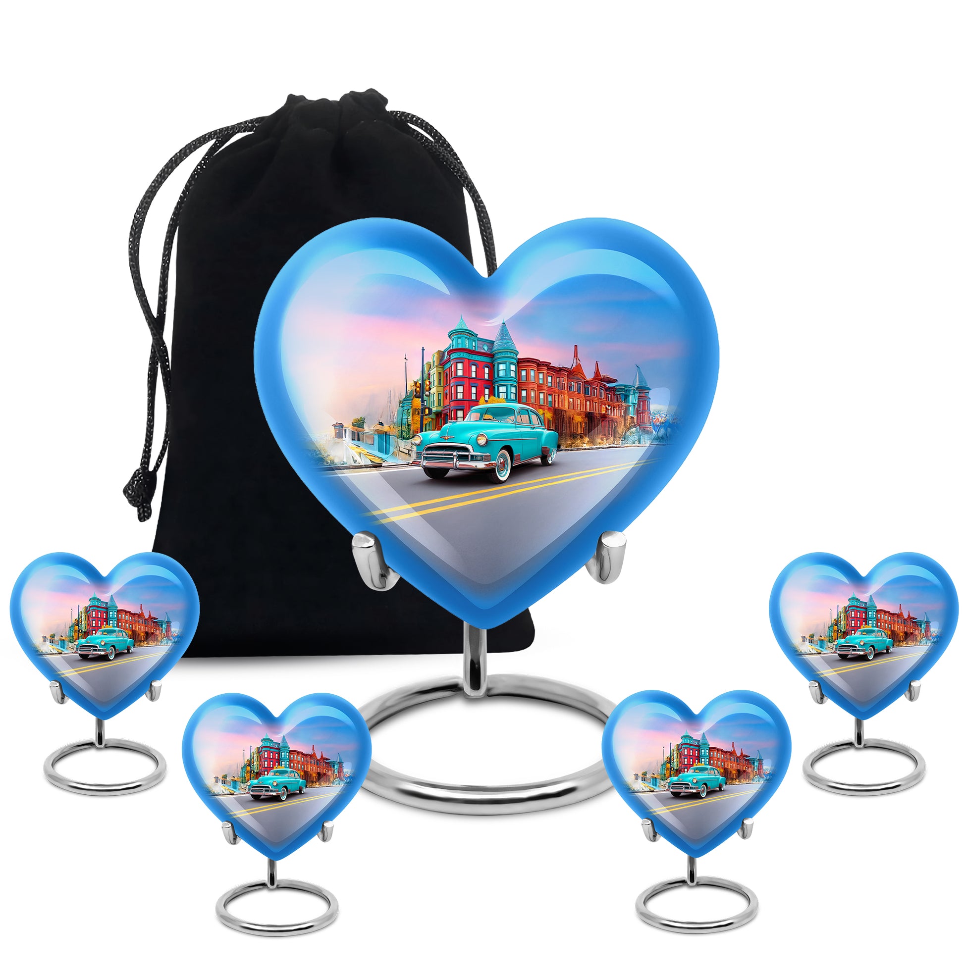 Navy Blue Car Cremation Urn close-up of engraving and surface detail - heart-shaped car design symbolizing eternal love - memorial set with one large and four small urns
