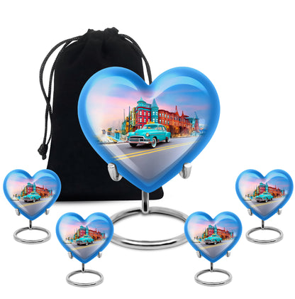 Navy Blue Car Cremation Urn close-up of engraving and surface detail - heart-shaped car design symbolizing eternal love - memorial set with one large and four small urns