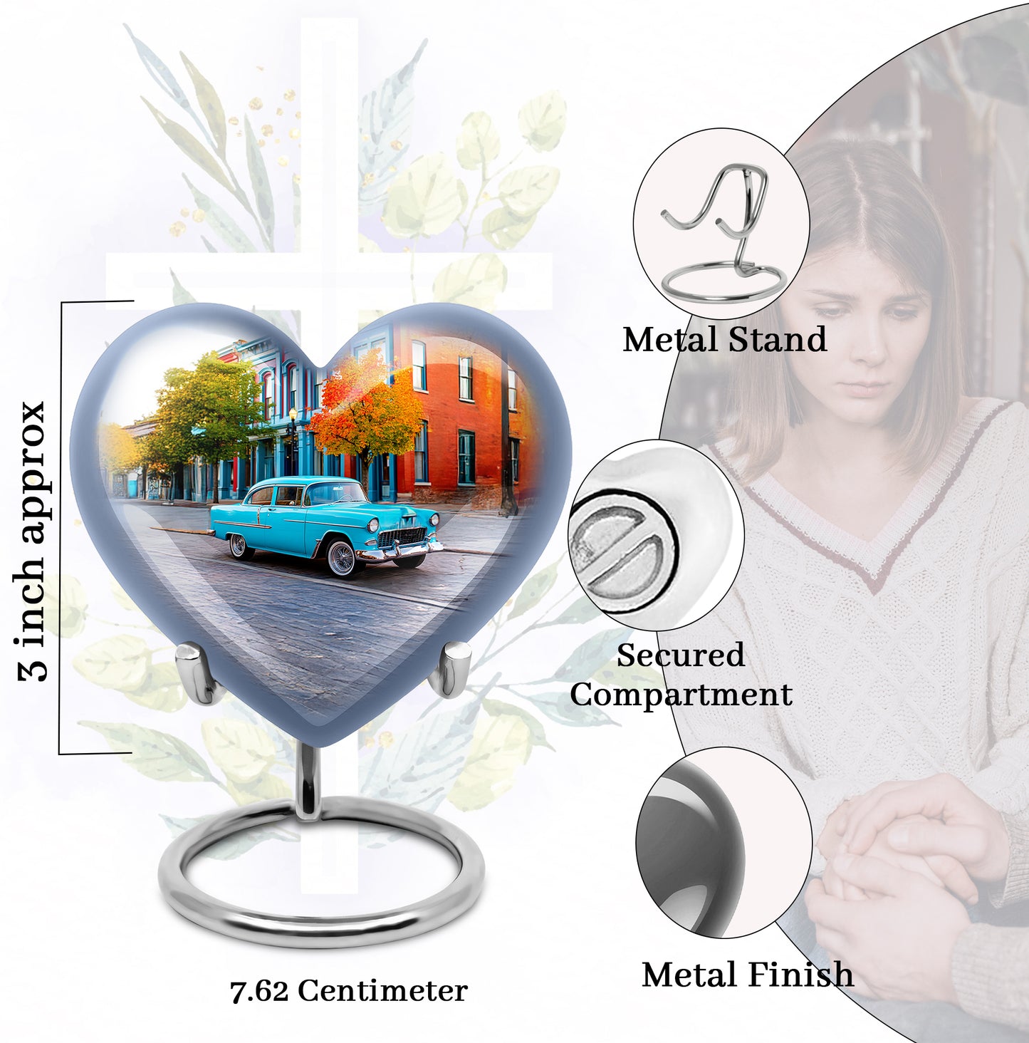 Brushed Silver Car Cremation Urn front view showing detailed design - heart-shaped car design symbolizing eternal love - mini keepsake memorial for portion of cremation ashes