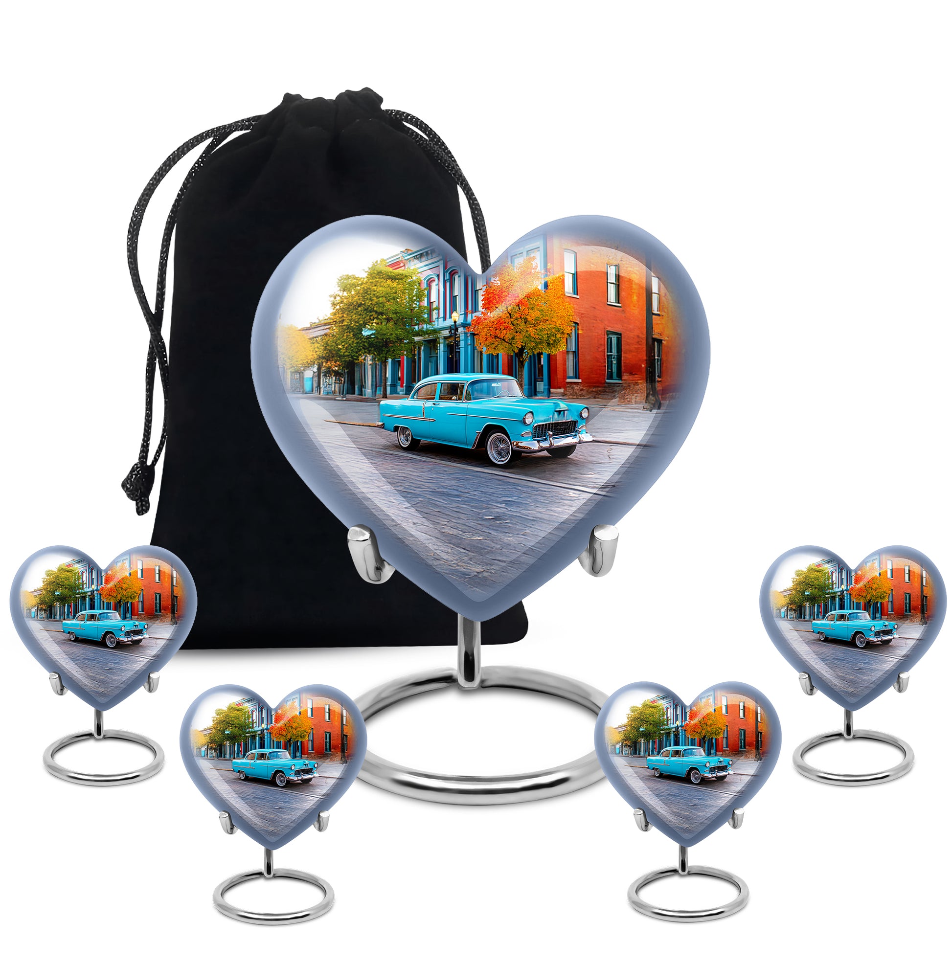 Chrome Silver Car Cremation Urn close-up of engraving and surface detail - compassionate heart-car combination with gentle curves - memorial set with one large and four small urns