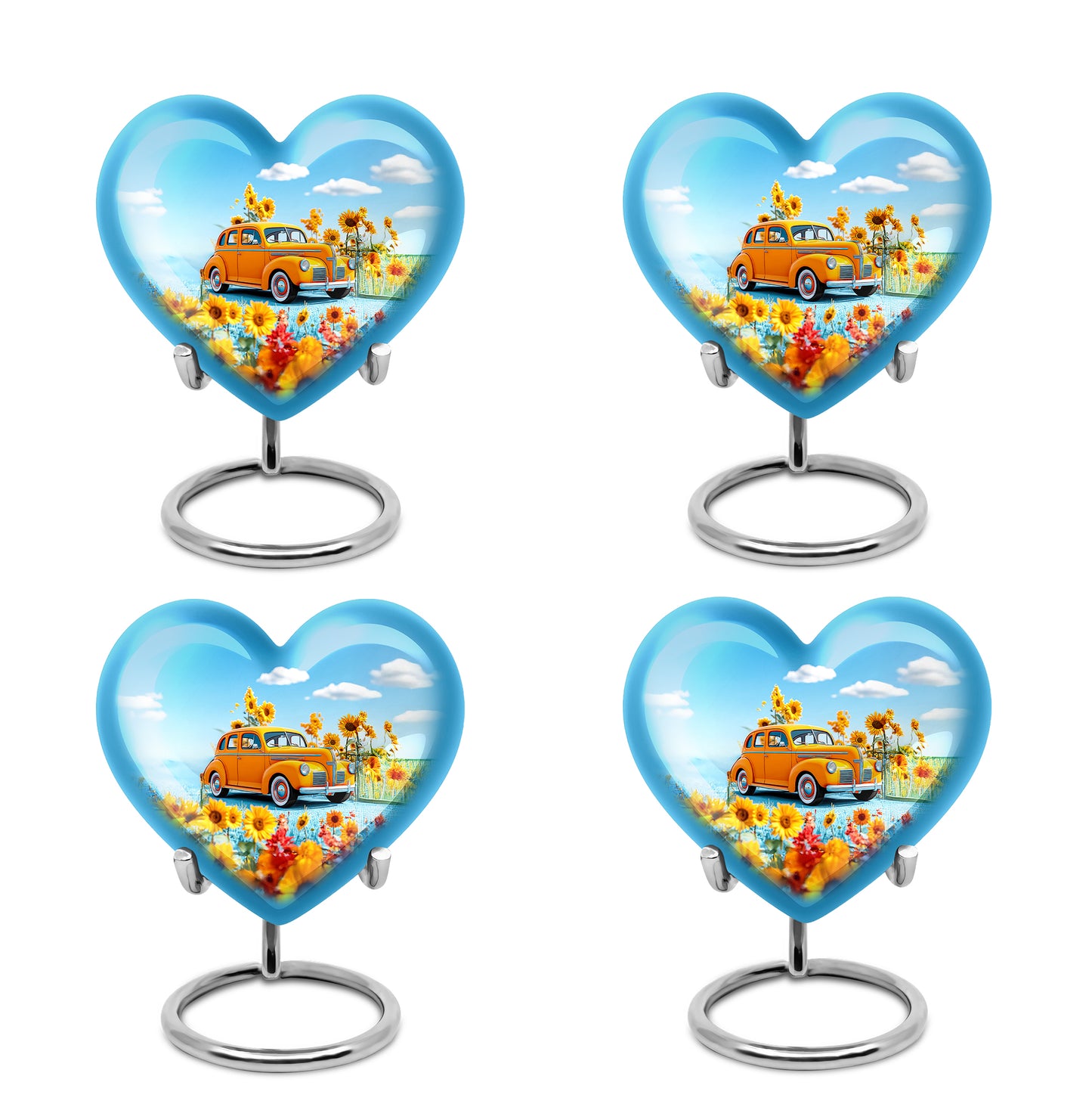 Slate Blue Car Cremation Urn angled view of lid and engraved motif - heart-shaped car design symbolizing eternal love - 10 inch aluminum urn for cremated remains