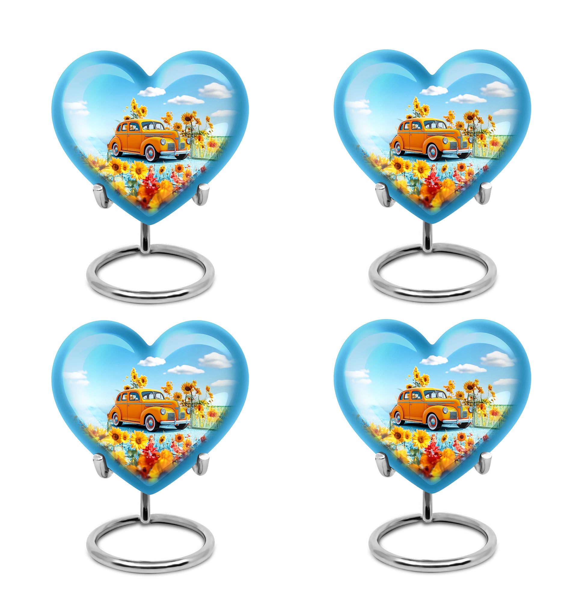 Slate Blue Car Cremation Urn angled view of lid and engraved motif - heart-shaped car design symbolizing eternal love - 10 inch aluminum urn for cremated remains