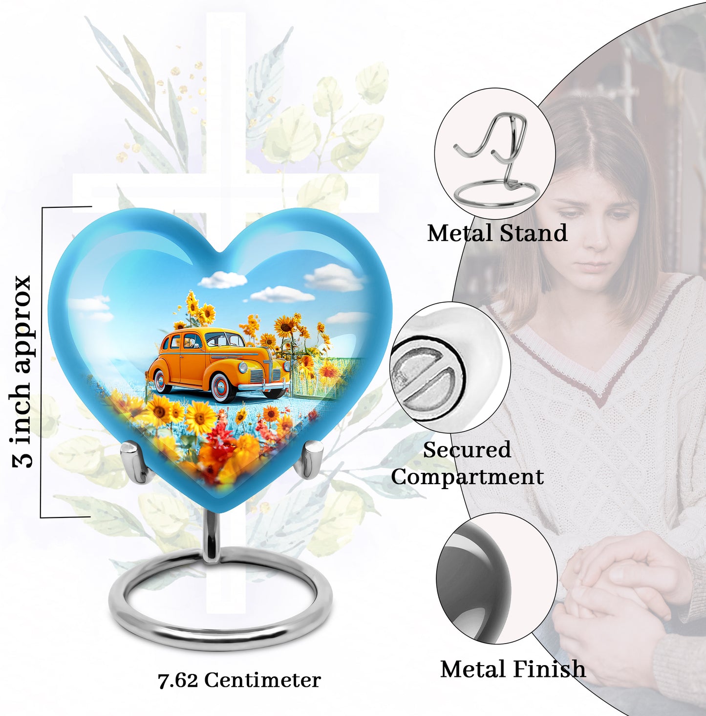 Soft Blue Car Cremation Urn front view showing detailed design - romantic heart urn with car motif on aluminum - mini keepsake memorial for portion of cremation ashes