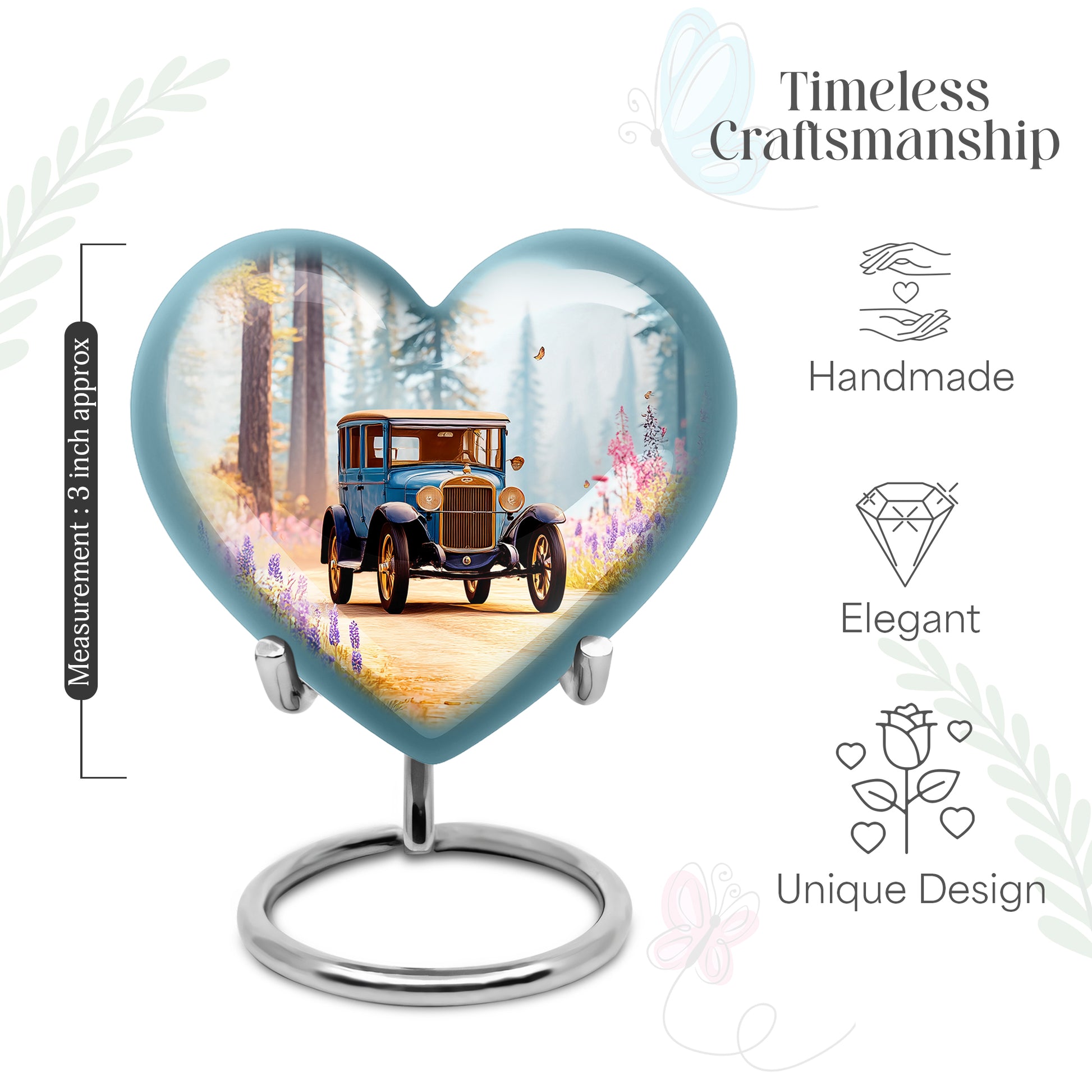 Tropical Teal Car Cremation Urn front view showing detailed design - romantic heart urn with car motif on aluminum - mini keepsake memorial for portion of cremation ashes