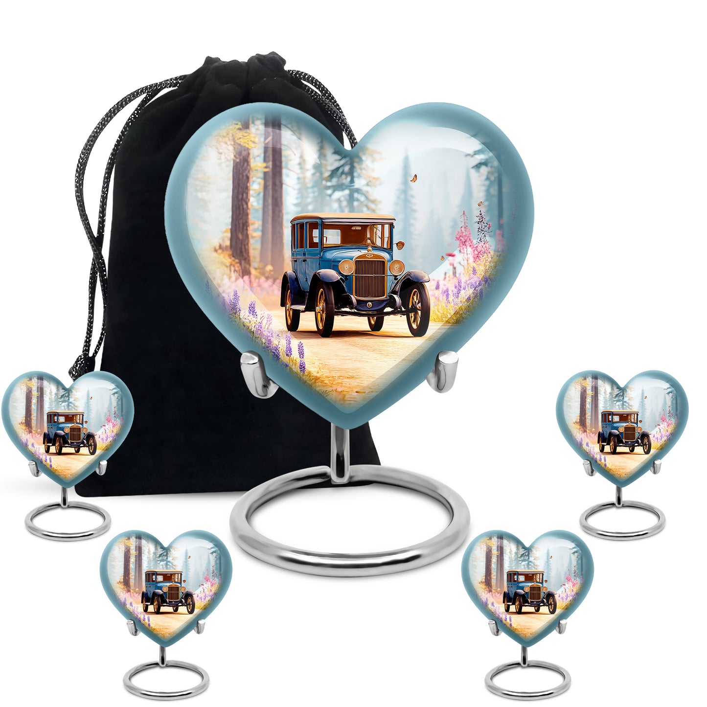 Cool Teal Car Cremation Urn close-up of engraving and surface detail - loving heart memorial featuring car pattern - memorial set with one large and four small urns