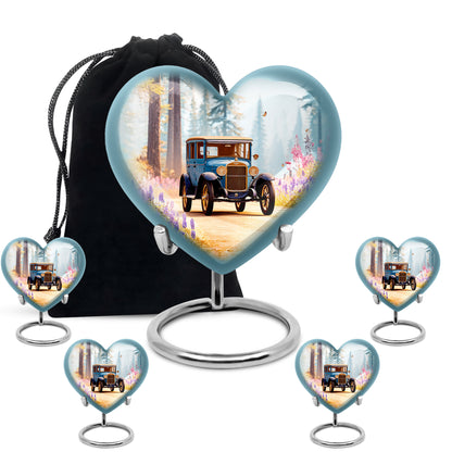 Cool Teal Car Cremation Urn close-up of engraving and surface detail - loving heart memorial featuring car pattern - memorial set with one large and four small urns
