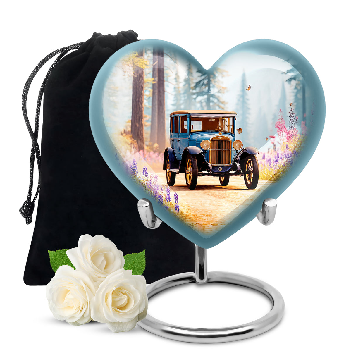 Mystic Teal Car Cremation Urn detail view - romantic heart urn with car motif on aluminum - full-size 10 inch 200 cubic inch adult cremation urn