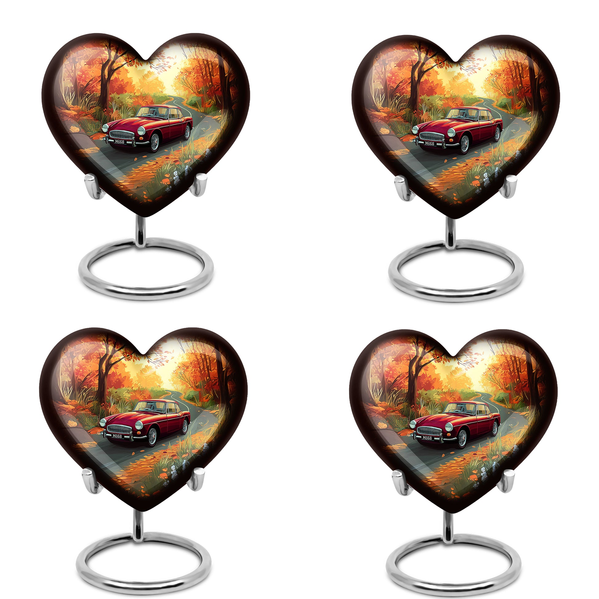 Harvest Gold Car Cremation Urn angled view of lid and engraved motif - compassionate heart-car combination with gentle curves - 10 inch aluminum urn for cremated remains