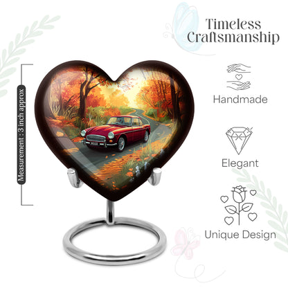 Matte Gold Car Cremation Urn front view showing detailed design - romantic heart urn with car motif on aluminum - mini keepsake memorial for portion of cremation ashes