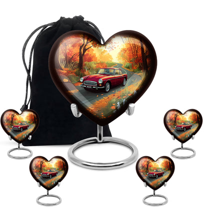 Champagne Gold Car Cremation Urn close-up of engraving and surface detail - loving heart memorial featuring car pattern - memorial set with one large and four small urns