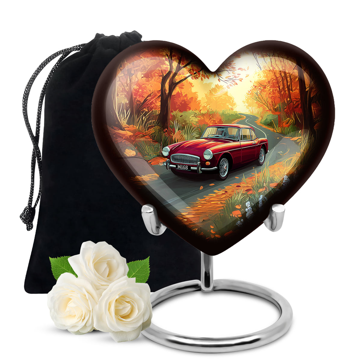 Warm Gold Car Cremation Urn detail view - compassionate heart-car combination with gentle curves - full-size 10 inch 200 cubic inch adult cremation urn